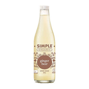 Bottle of Simple Organic ginger beer on a white background.