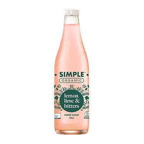 Bottle of Simple Organic lemon lime & bitters on a white background.