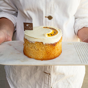 White Chocolate Mud Cake with White Chocolate Ganache & Passionfruit