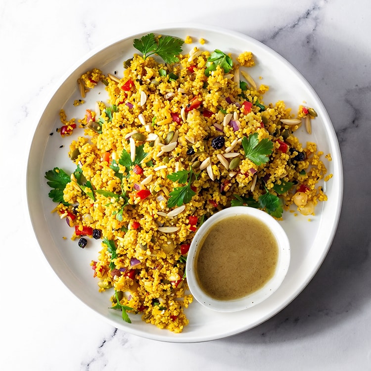 Plate of moroccan couscous salad with greens and chickpeas on a marble surface