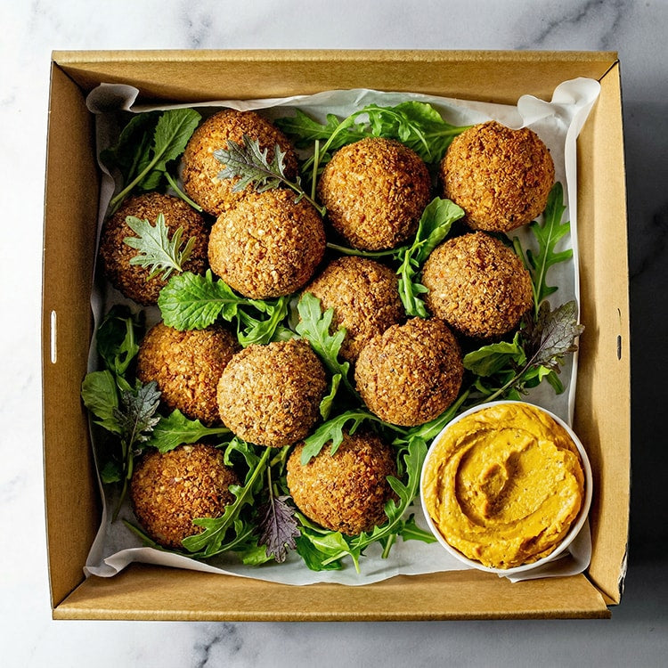 Box of falafel balls with a side of pumpkin hummus on a marble surface